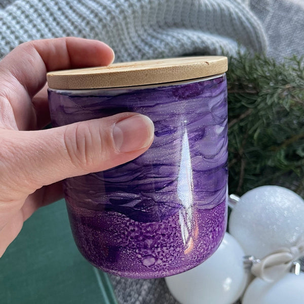 Handpainted vivid purple ceramic candle with floral engraved bamboo lid