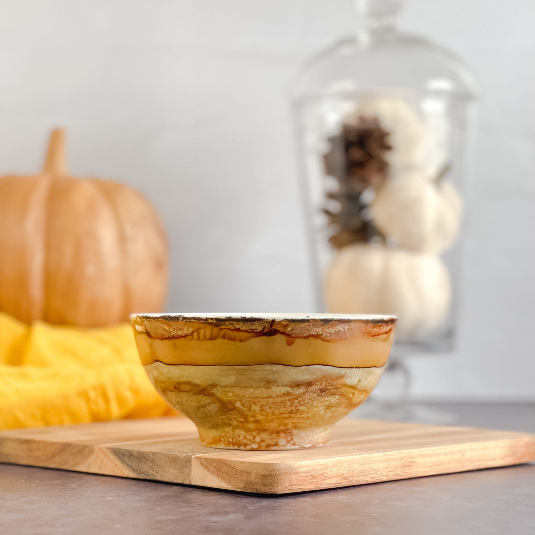 Handpainted fall candle in ombre shades of tan, scented fall candle in a ceramic vessel, unique candle for fall