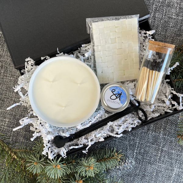 curated candle gift sets with ceramic candle, wax melts, travel candle, matches and a wick trimmer
