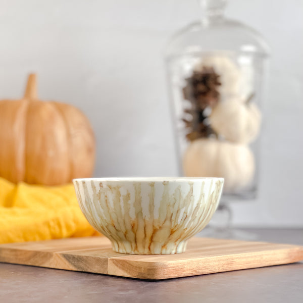 Handpainted fall candle in tan and white, scented fall candle in a ceramic vessel, unique candle for fall