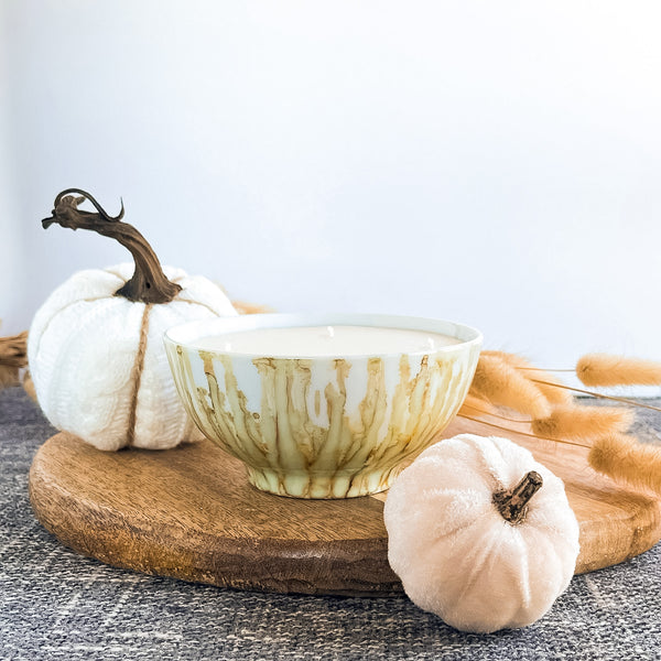 Handpainted fall candle in tan and white, scented fall candle in a ceramic vessel, unique candle for fall