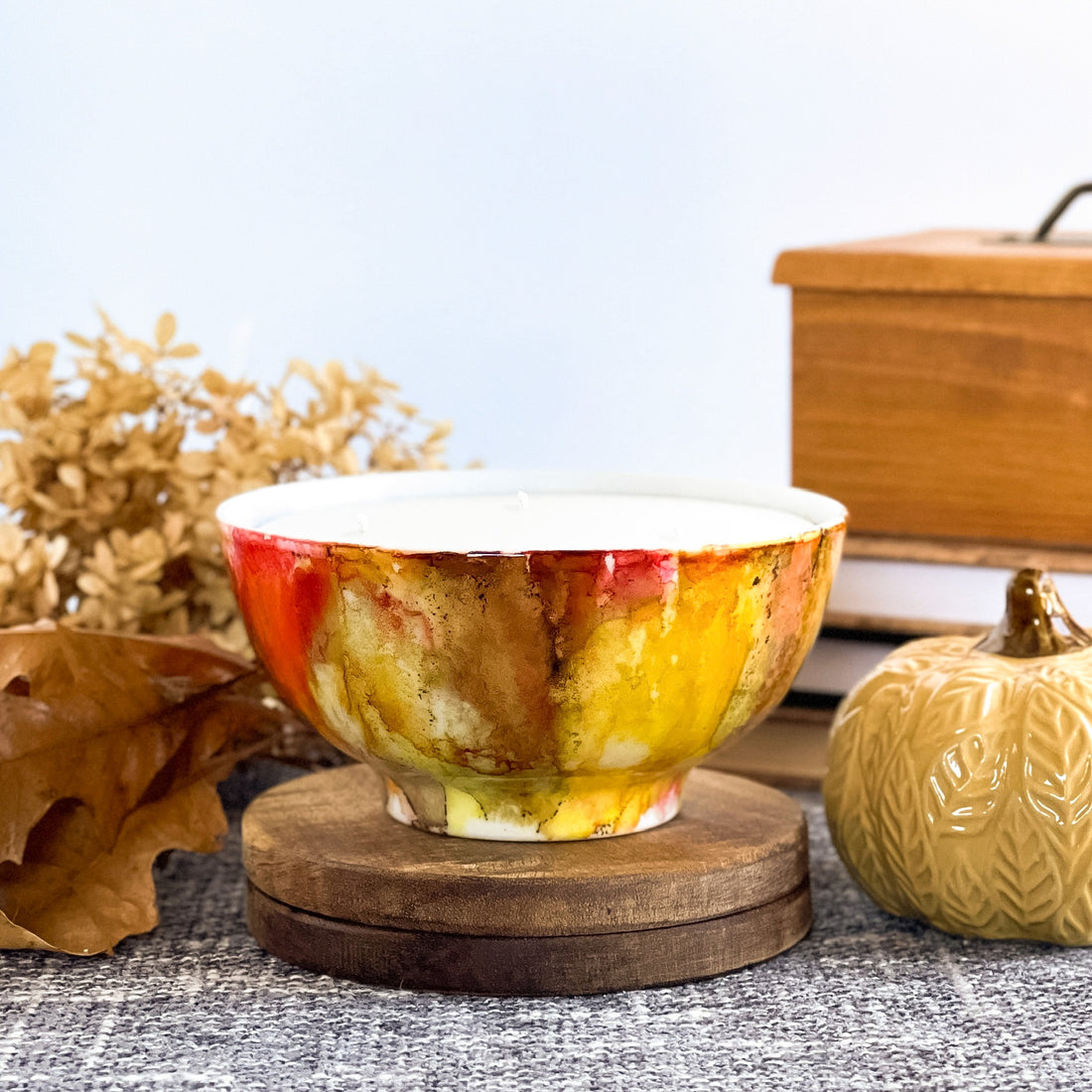 Deep red, dark yellow and soft brown fall candle in a ceramic vessel, unique candle for fall