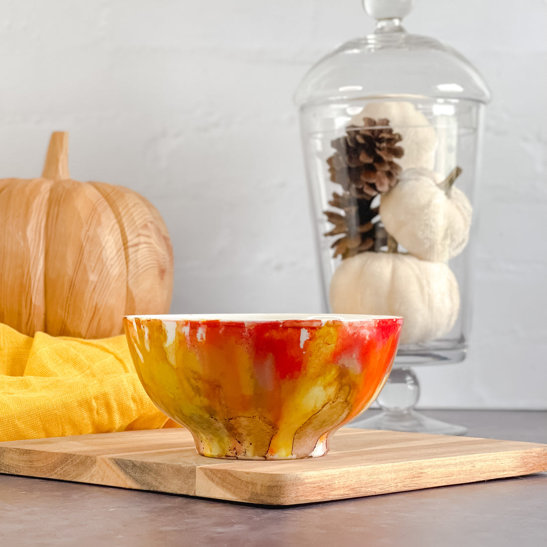 Deep red, dark yellow and soft brown fall candle in a ceramic vessel, unique candle for fall