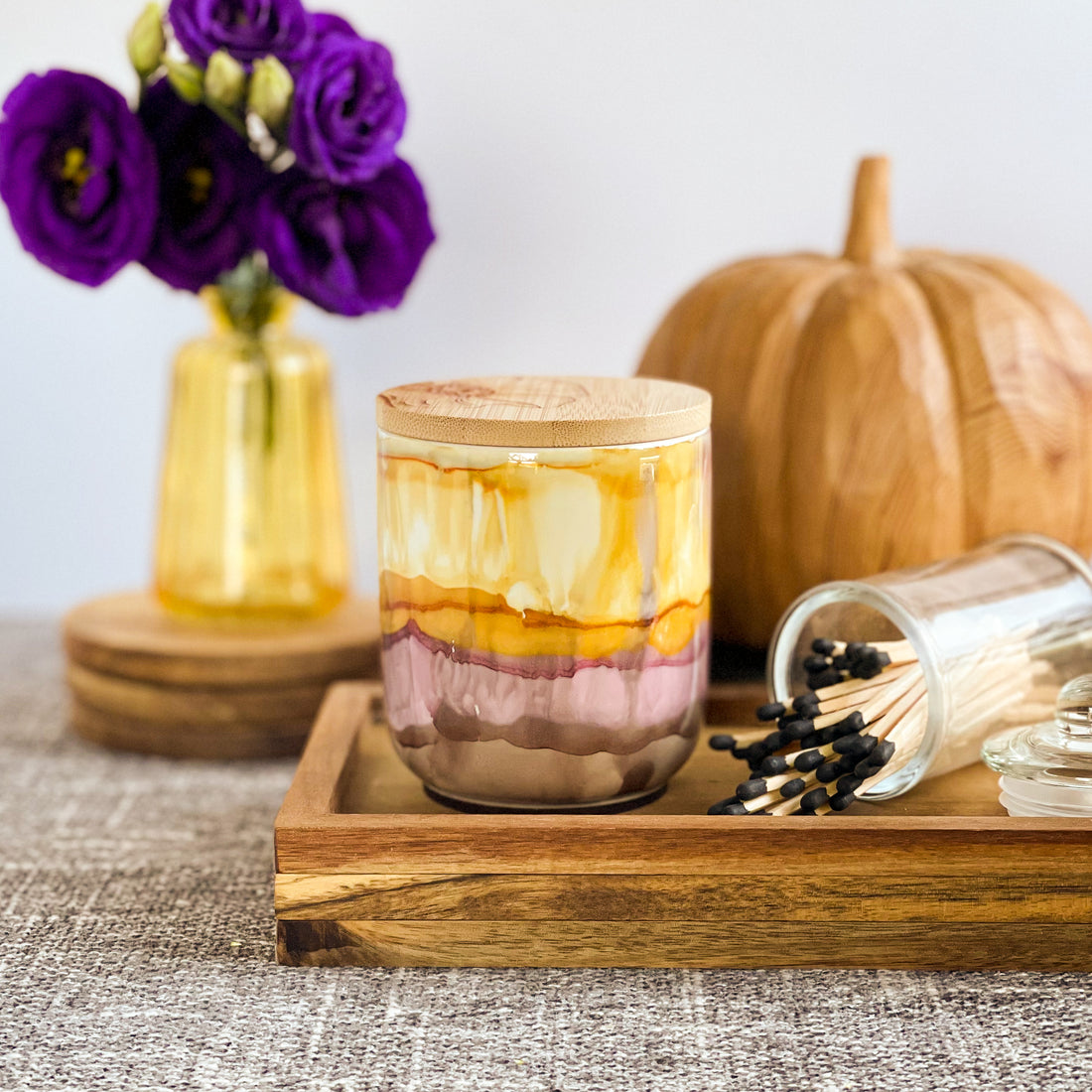 Handpainted ceramic candle in soft colors of dusk, unique candles for fall