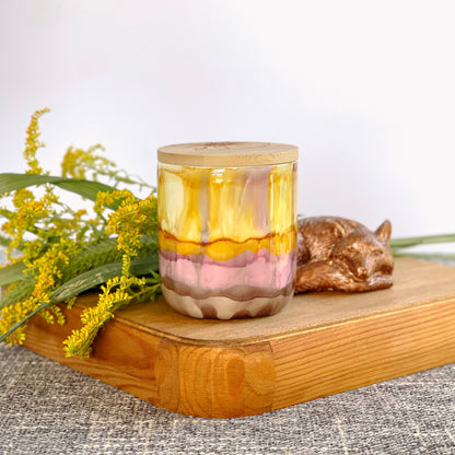 Handpainted ceramic candle in soft colors of dusk, unique candles for fall