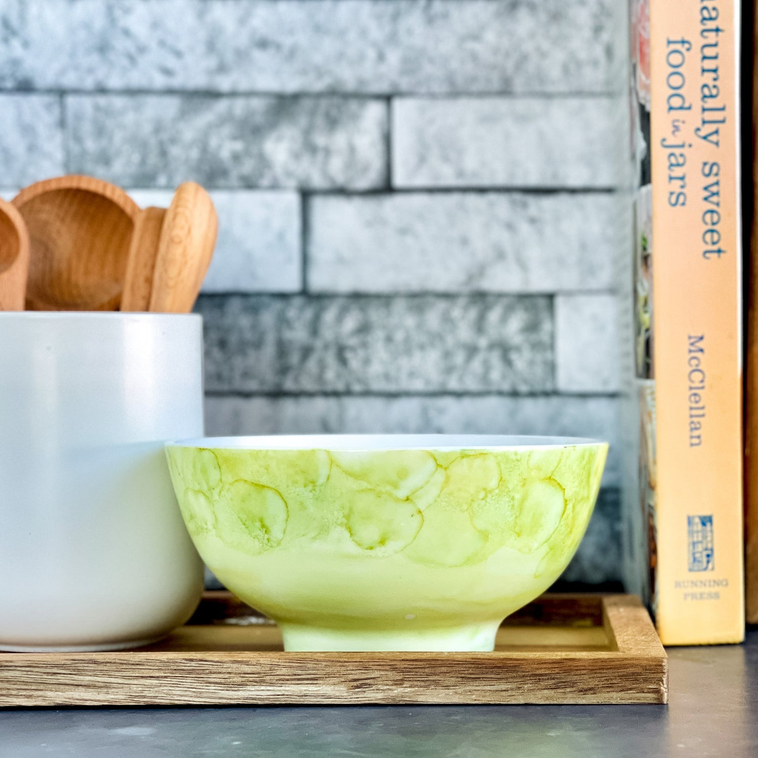 Ceramic soy candle handpainted in bright mossy green