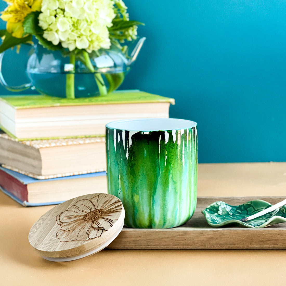 Tall, two wick ceramic soy candle handpainted in drippy shades of green