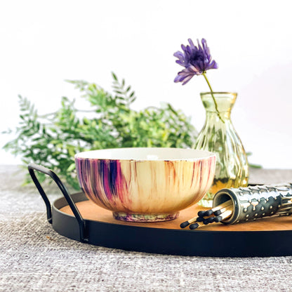 Ceramic three wick candle handpainted in purples and pinks with touches of blue