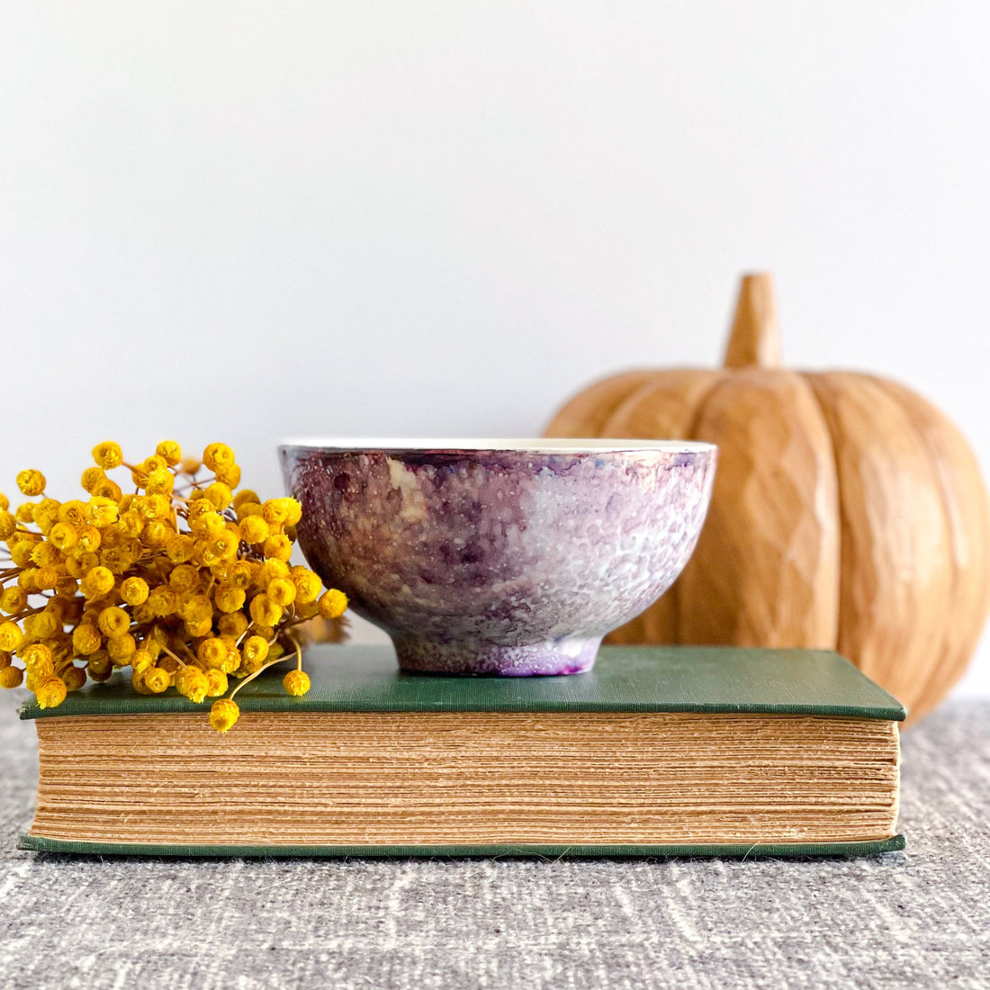 mottled purple handpainted three wick ceramic candle