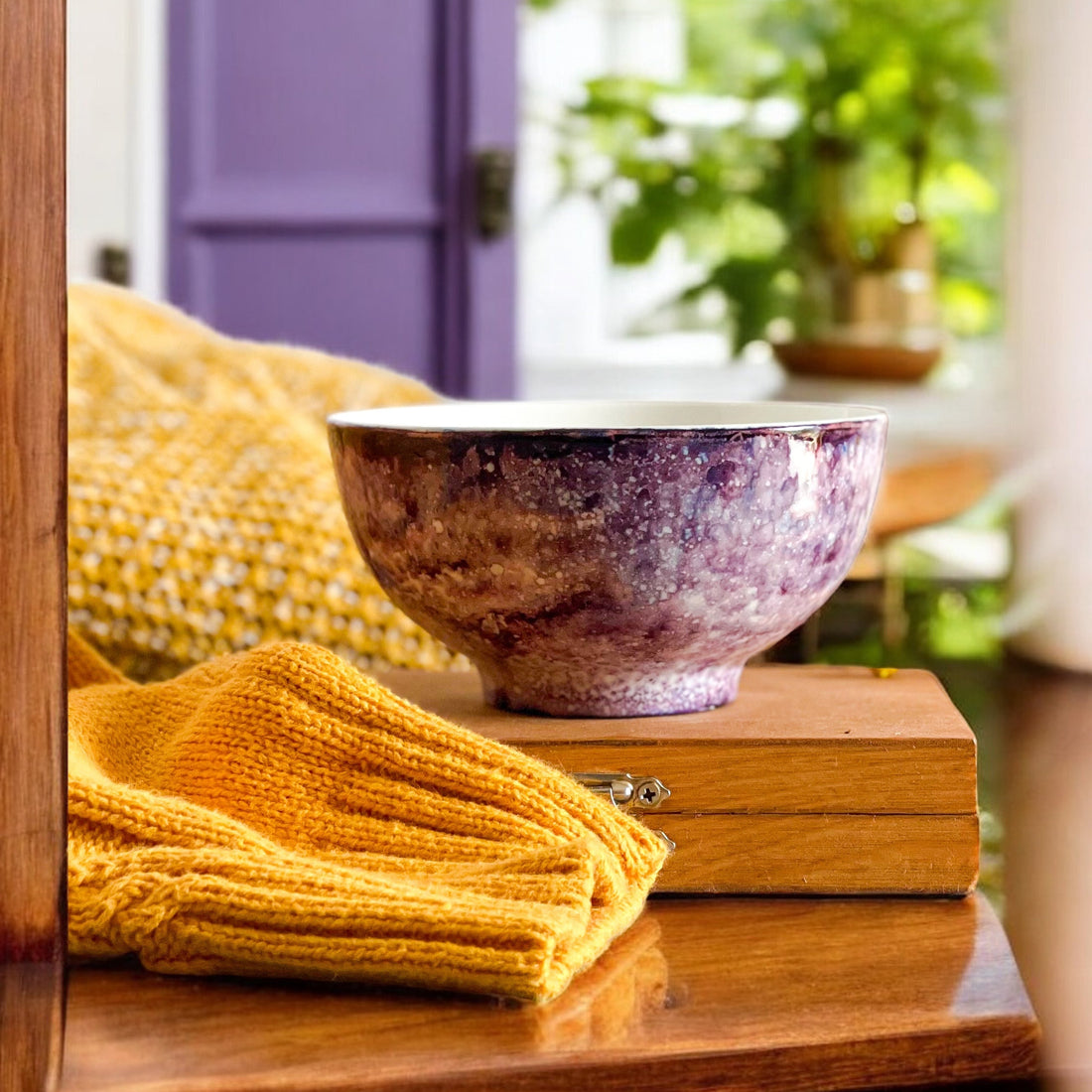 mottled purple handpainted three wick ceramic candle