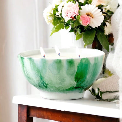 Ceramic three wick candle handpainted in jade green with a white base