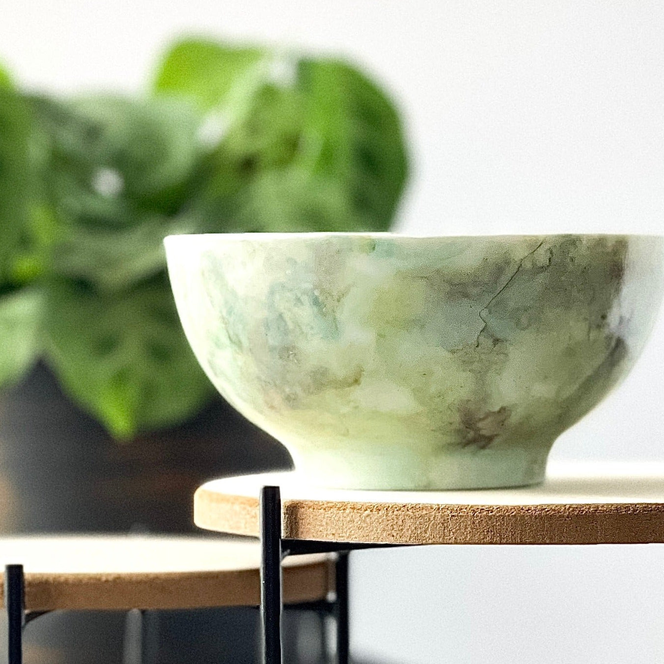 Ceramic three wick soy candle handpainted in soft greens and grays
