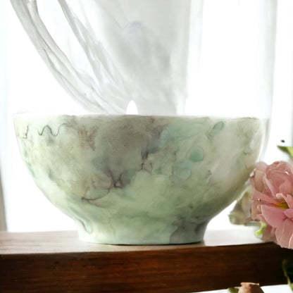 Ceramic three wick soy candle handpainted in soft greens and grays