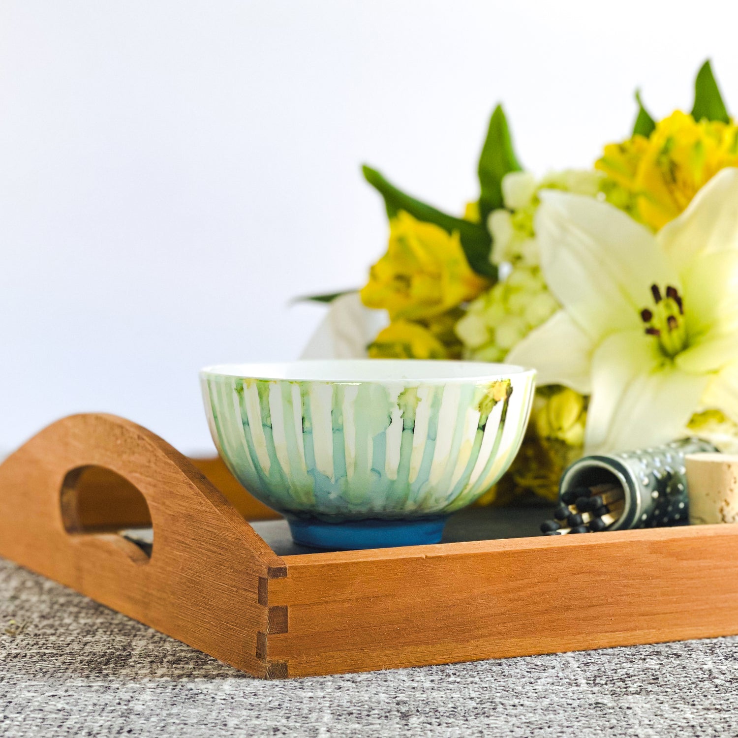 Three wick handpainted ceramic candle in soft blue and green 