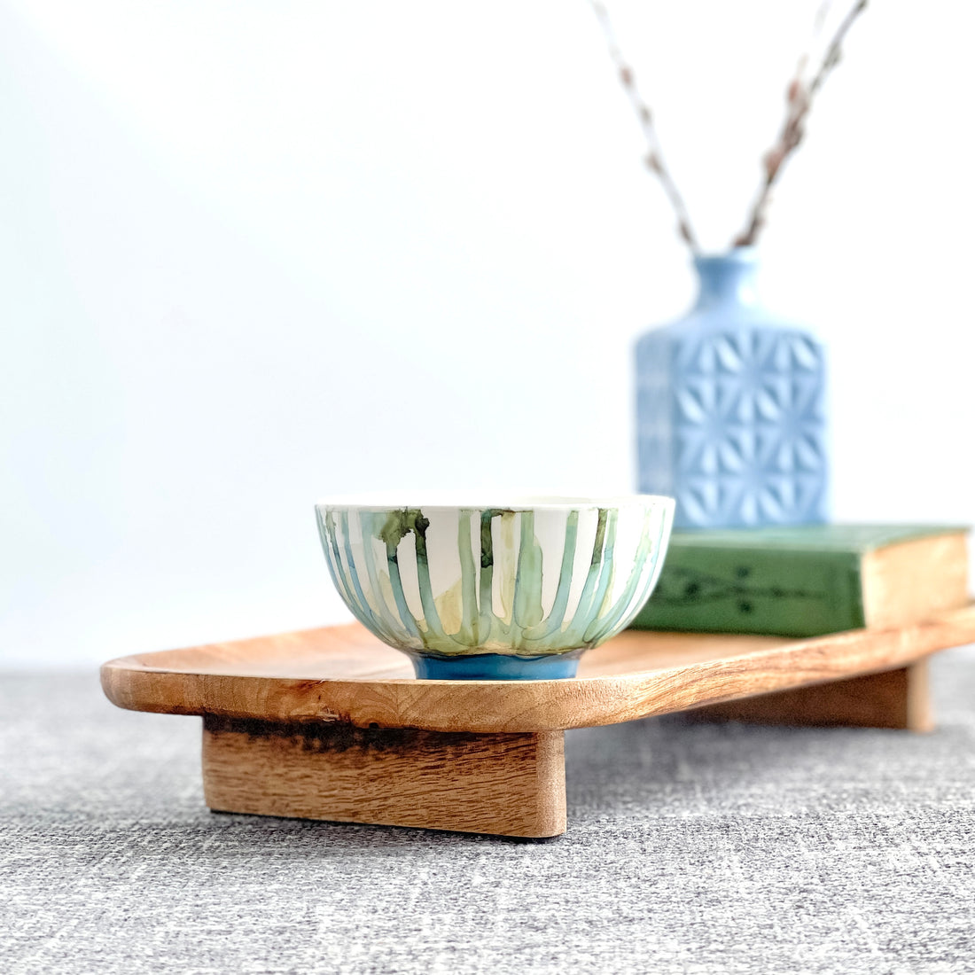 Three wick handpainted ceramic candle in soft blue and green 