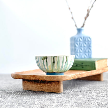 Three wick handpainted ceramic candle in soft blue and green 