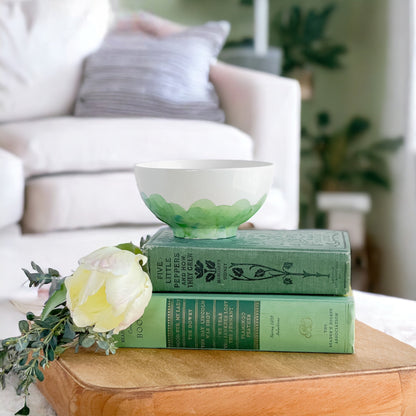 Three wick soft green and white handpainted ceramic candle