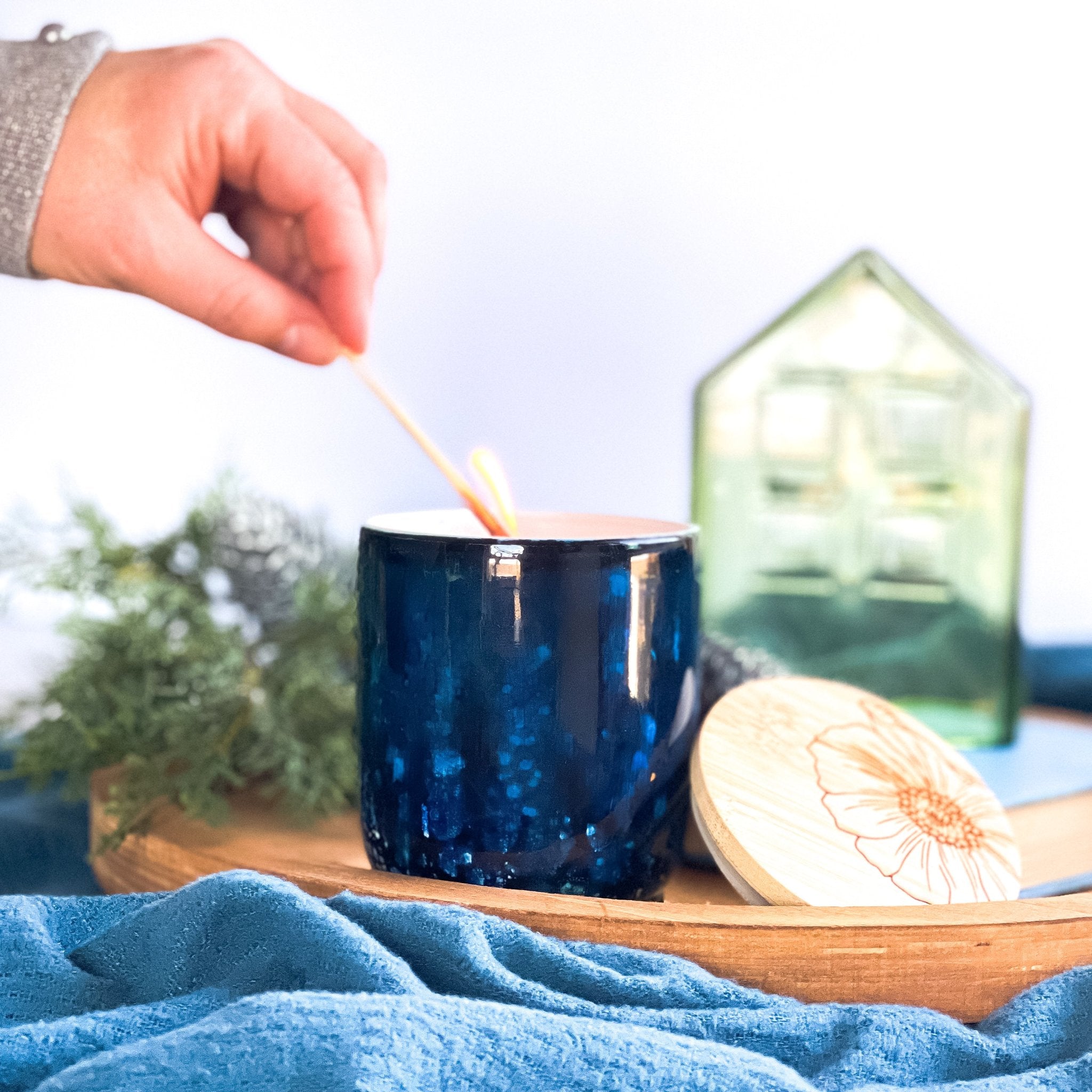 Deep blue hand painted ceramic candle with bamboo lid