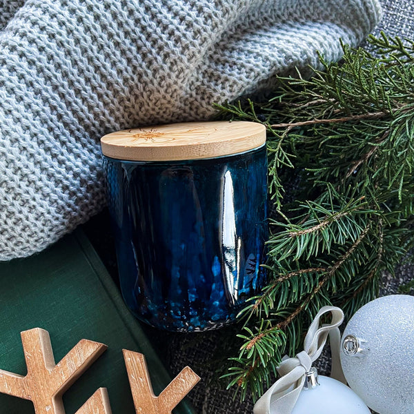 Deep blue hand painted ceramic candle with bamboo lid