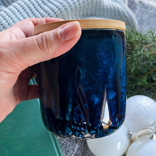 Deep blue hand painted ceramic candle with bamboo lid