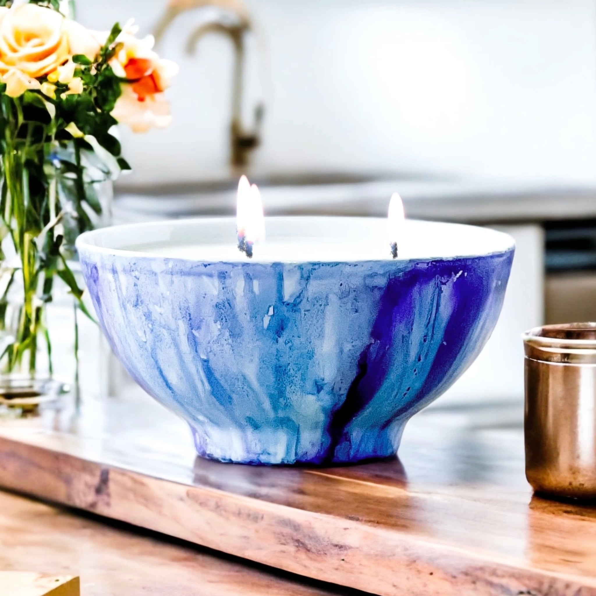 Ceramic three wick candle handpainted in beautiful blues and purples