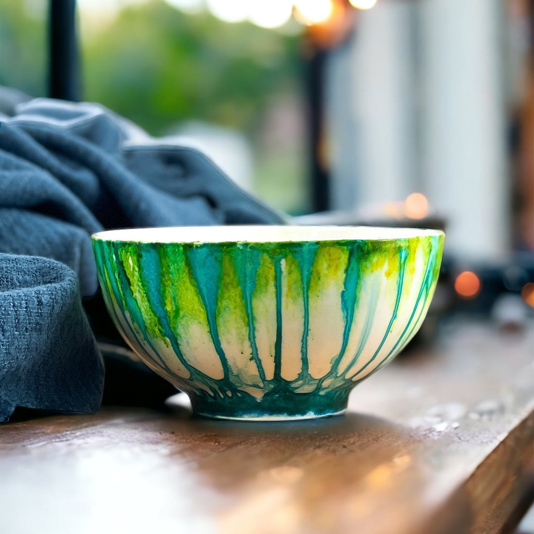 Ceramic three wick candle handpainted in bright teals and emerald greens