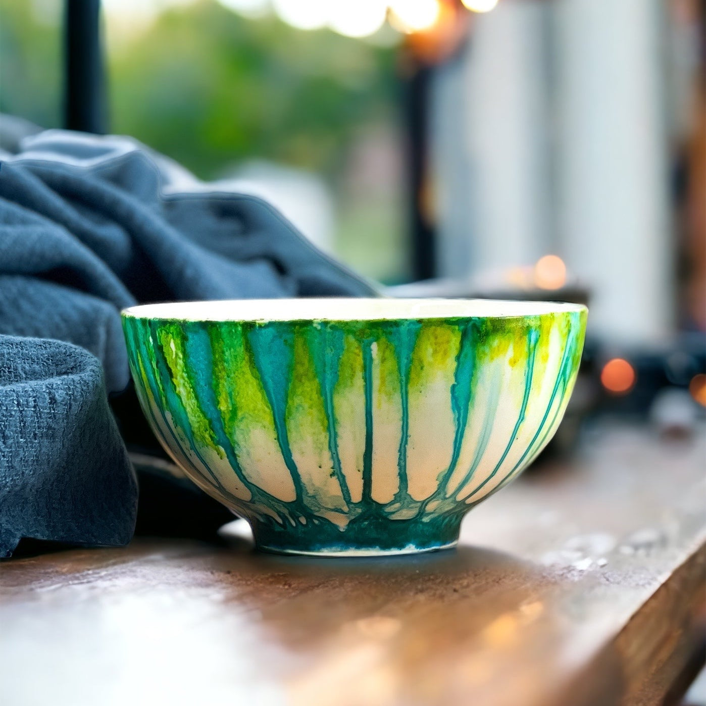 Ceramic three wick candle handpainted in bright teals and emerald greens