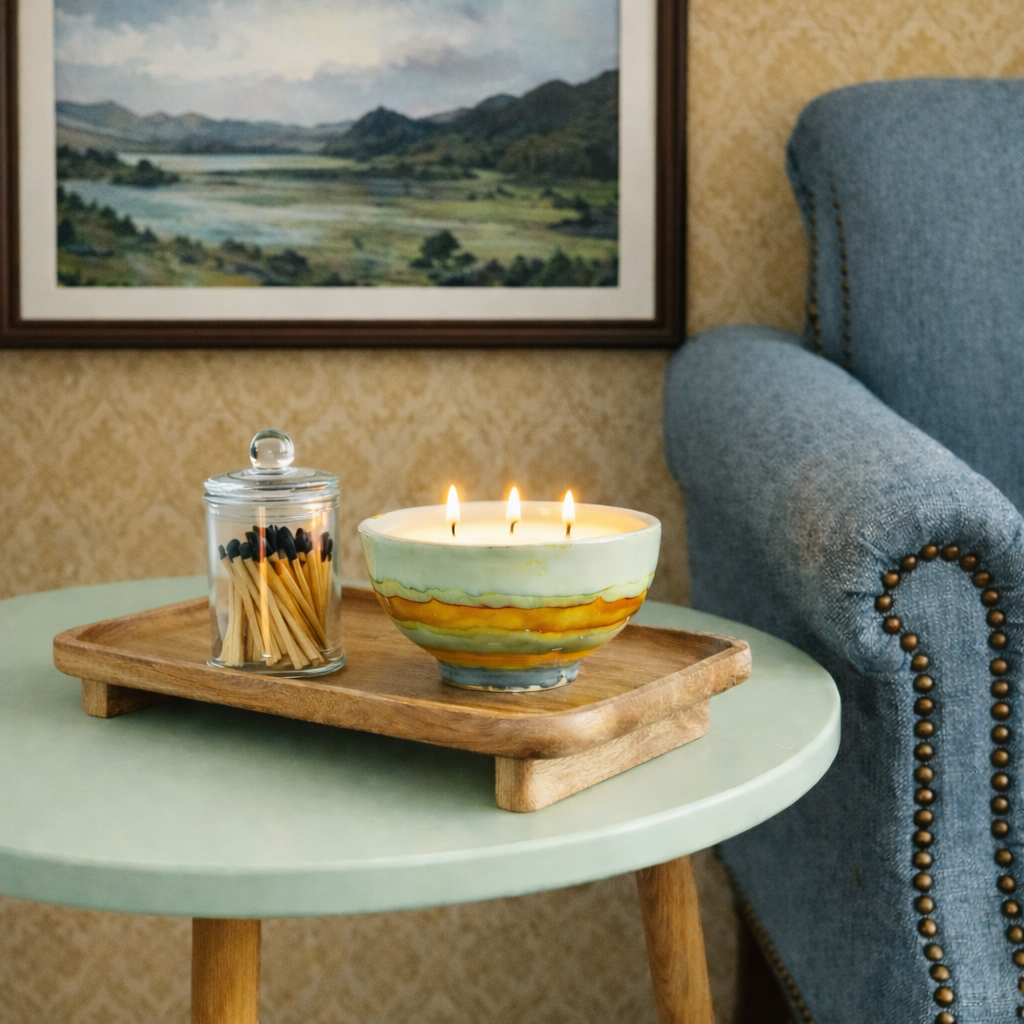 Handpainted, three wick ceramic candle in soft layered beachy tones on a side table