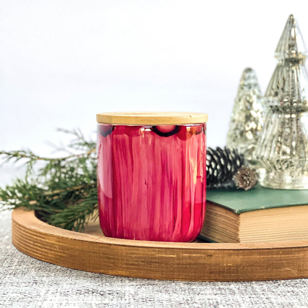 Ruby red handpainted ceramic candle with bamboo lid