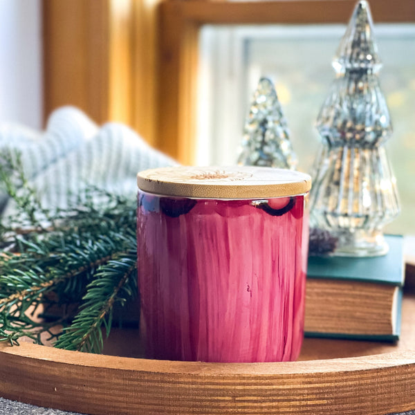 Ruby red handpainted ceramic candle with bamboo lid