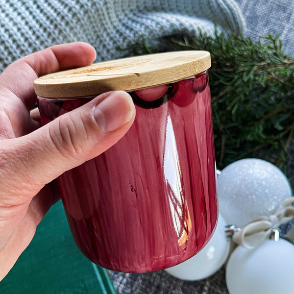 Ruby red handpainted ceramic candle with bamboo lid