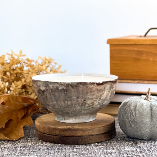 Unique fall candle hand painted in mottled grays and browns, scented soy candle for fall