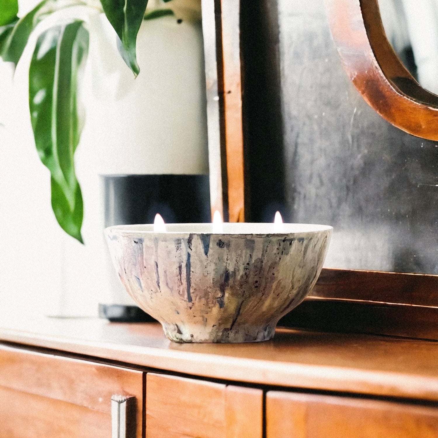 Rustic blue and gray handpainted ceramic candle