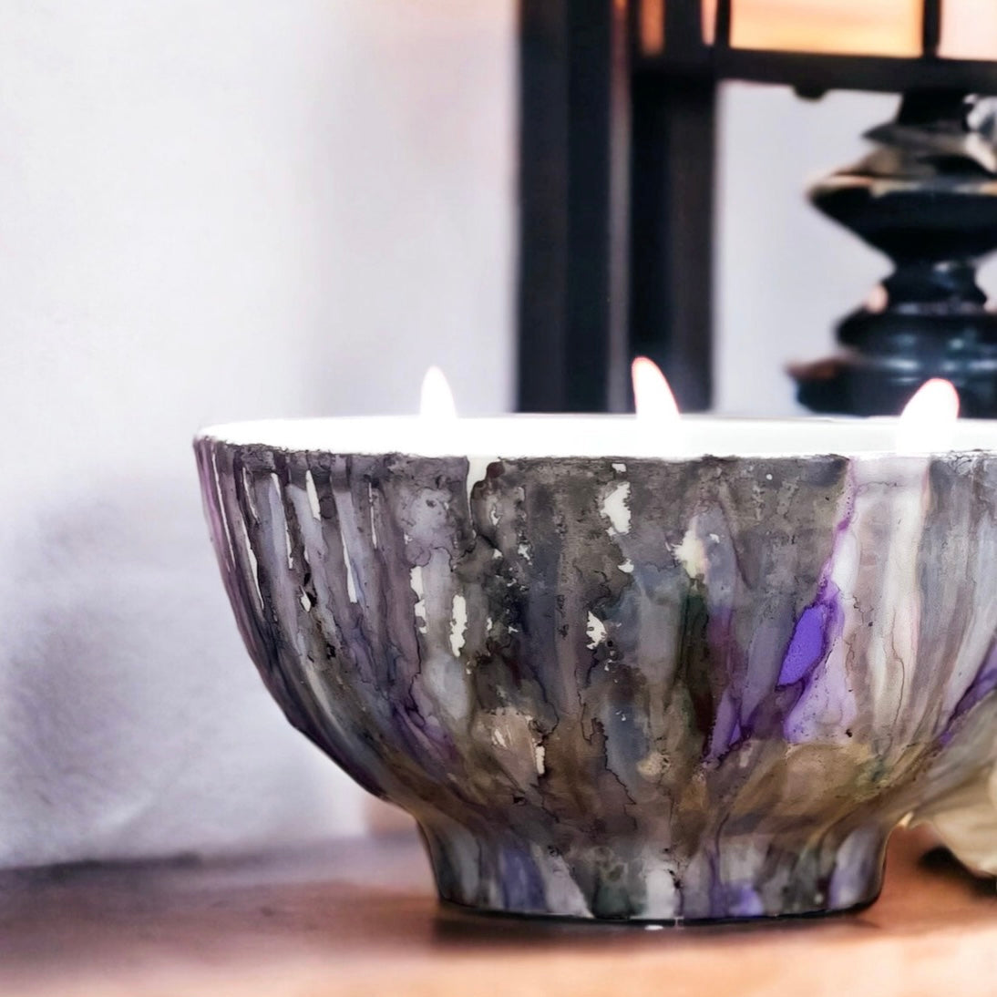 Handpainted ceramic candle in dark grays and purples