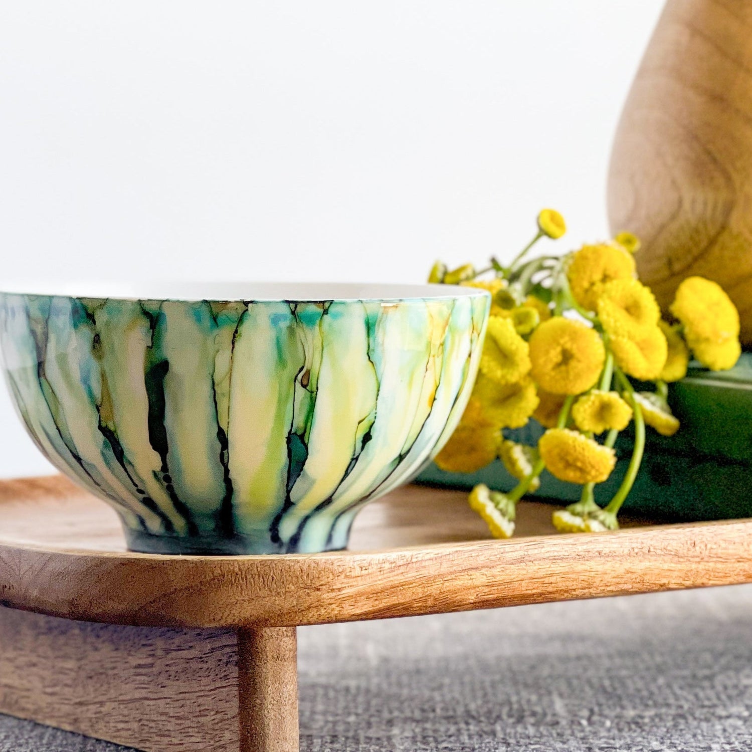Ceramic three wick candle handpainted in blues, greens, and teals