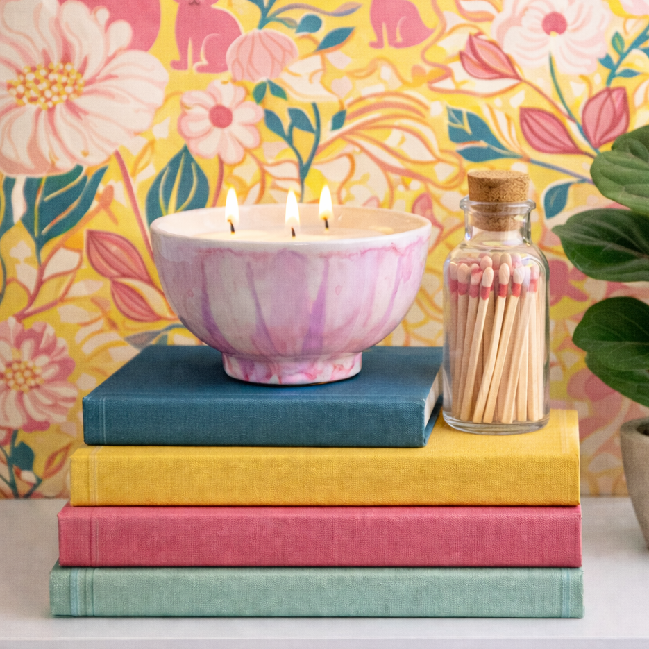 Ceramic the wick soy candle hand painted in soft feminine pinks
