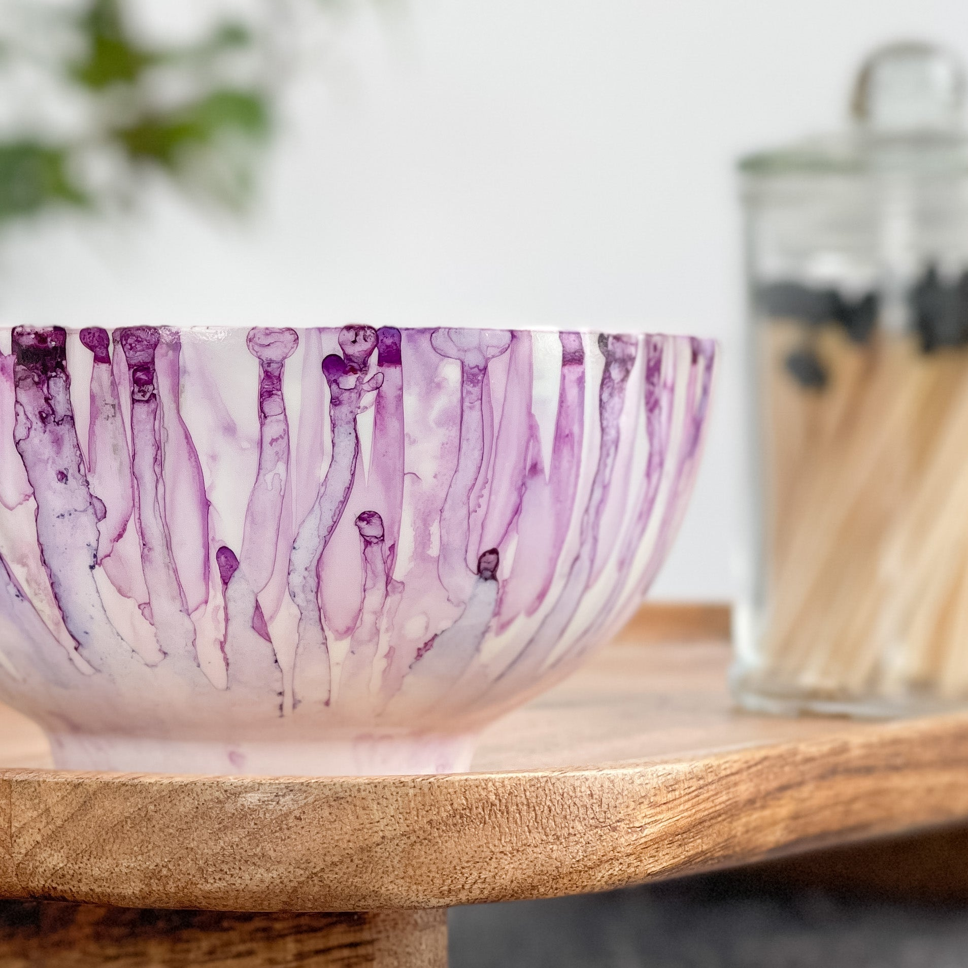 Ceramic three wick soy candle handpainted in shades of lilac