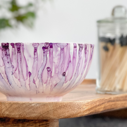 Ceramic three wick soy candle handpainted in shades of lilac