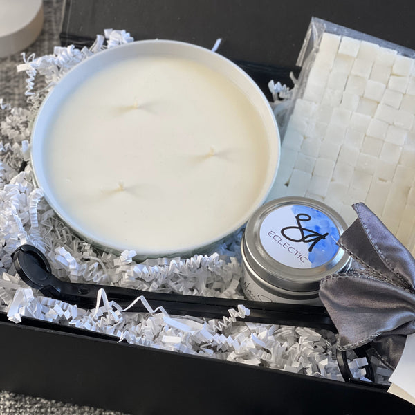 curated candle gift sets with ceramic candle, wax melts, travel candle, matches and a wick trimmer