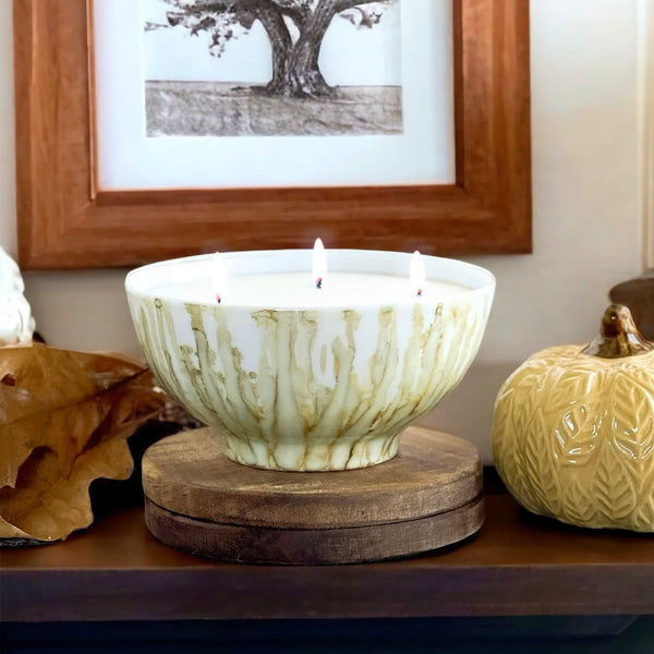 Handpainted fall candle in tan and white, scented fall candle in a ceramic vessel, unique candle for fall