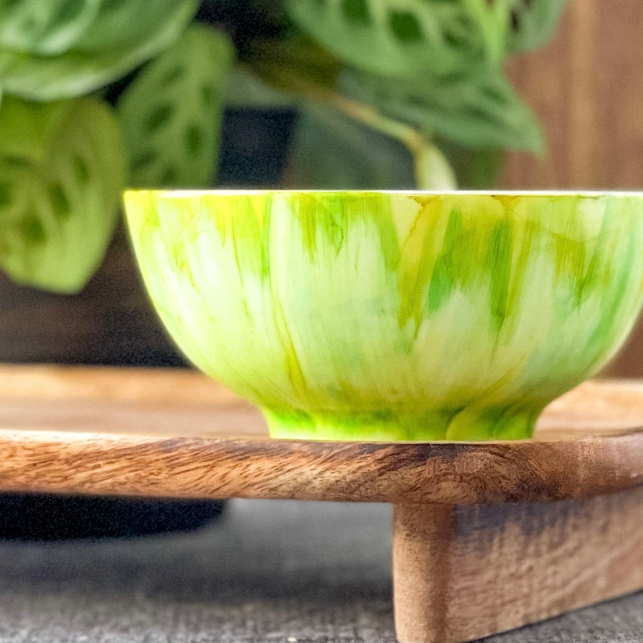 Ceramic three wick soy candle handpainted in bright greens