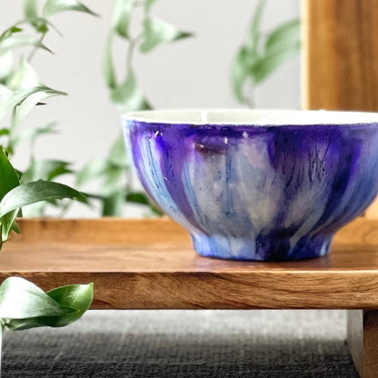 Ceramic three wick candle handpainted in beautiful blues and purples