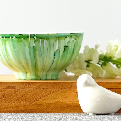Ceramic three wick soy candle handpainted in grassy greens