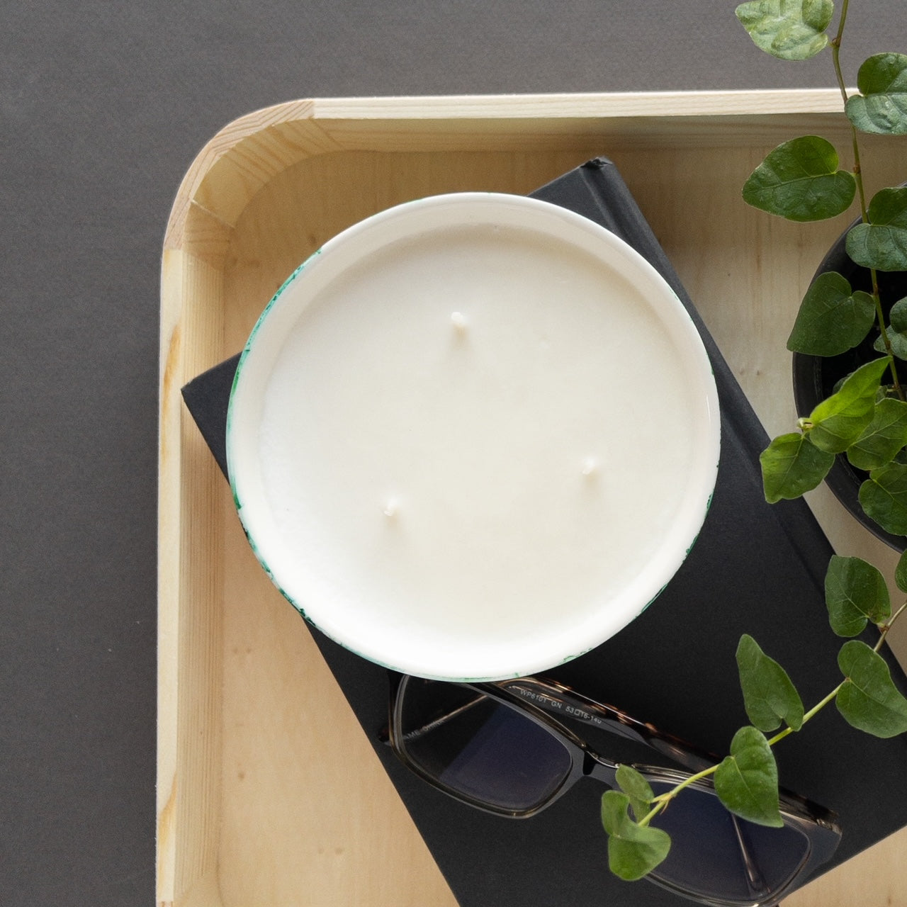 top view of a three wick ceramic candle