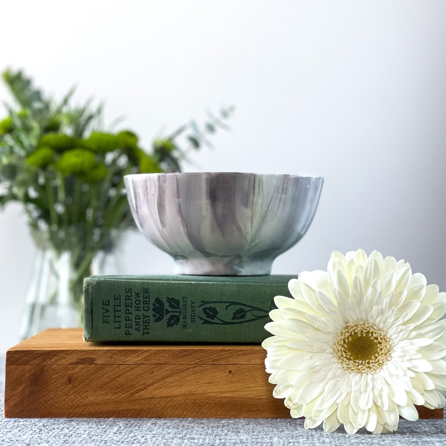 Ceramic three wick soy candle handpainted in soft grays and pale mint