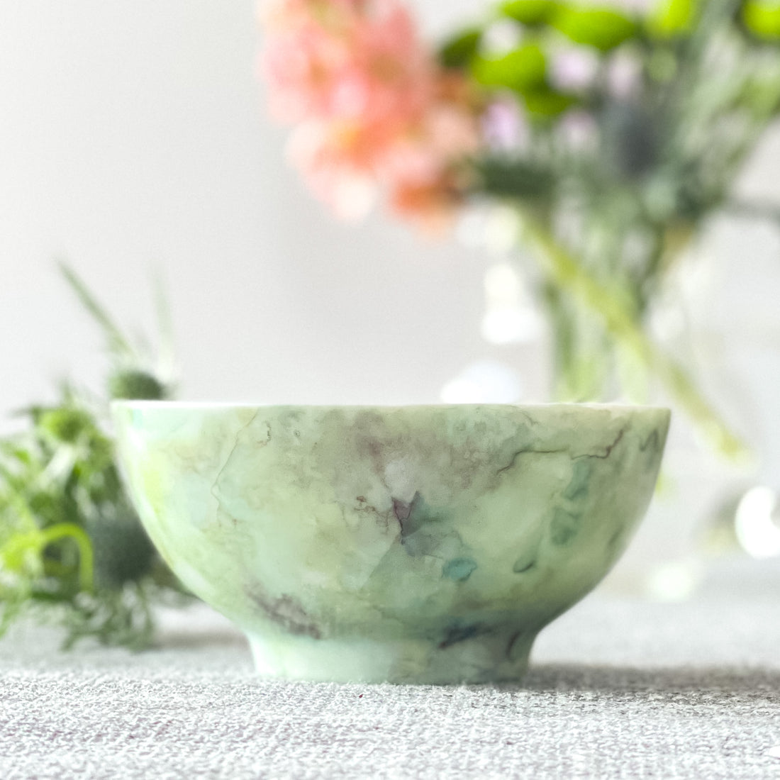 Ceramic three wick candle handpainted in soft greens and grays