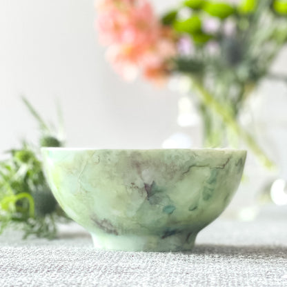 Ceramic three wick candle handpainted in soft greens and grays