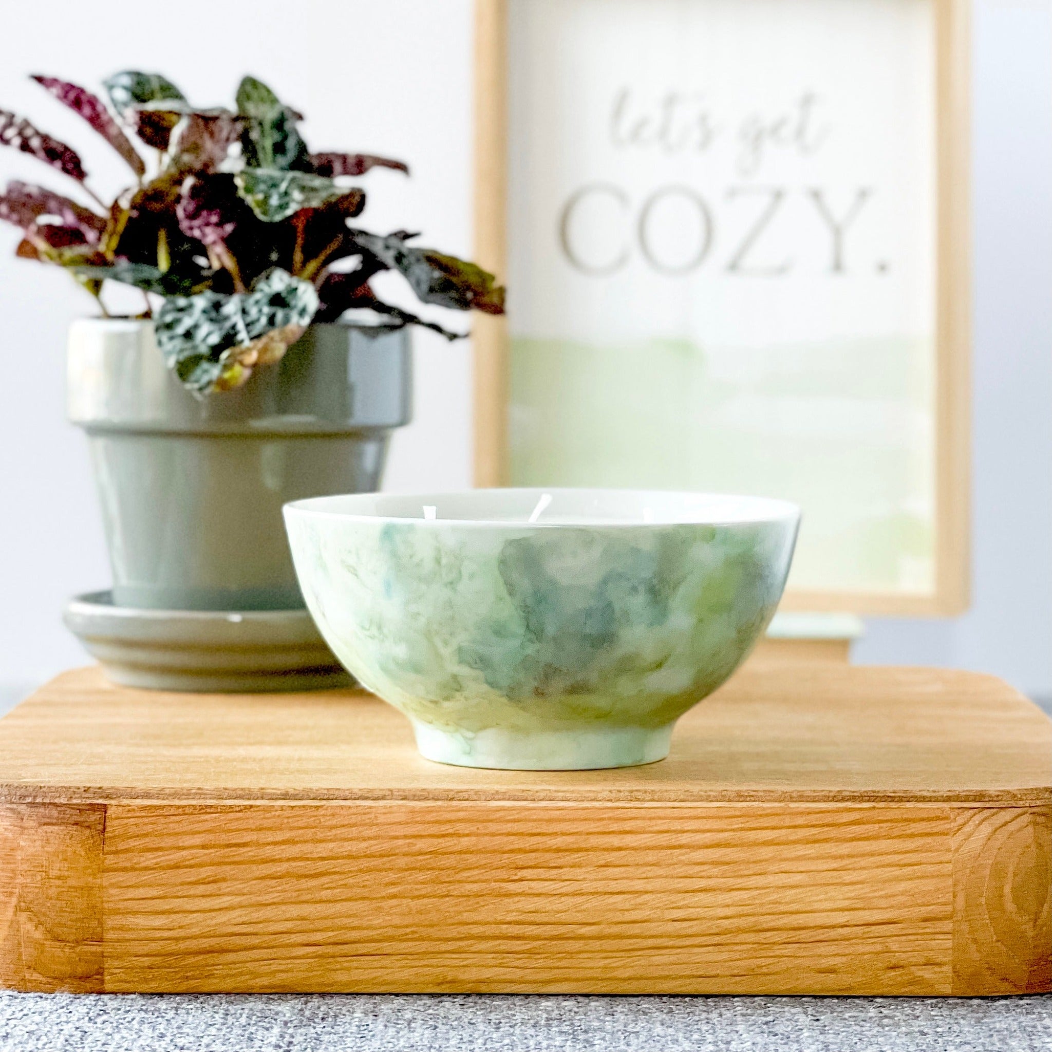 Ceramic three wick candle handpainted in soft greens and grays
