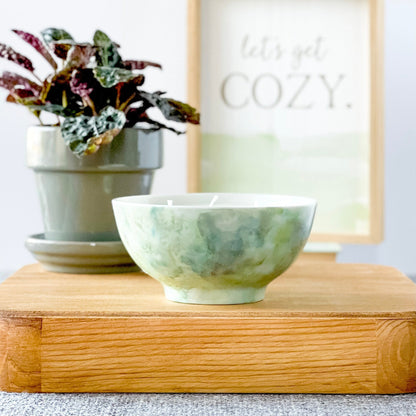 Ceramic three wick candle handpainted in soft greens and grays