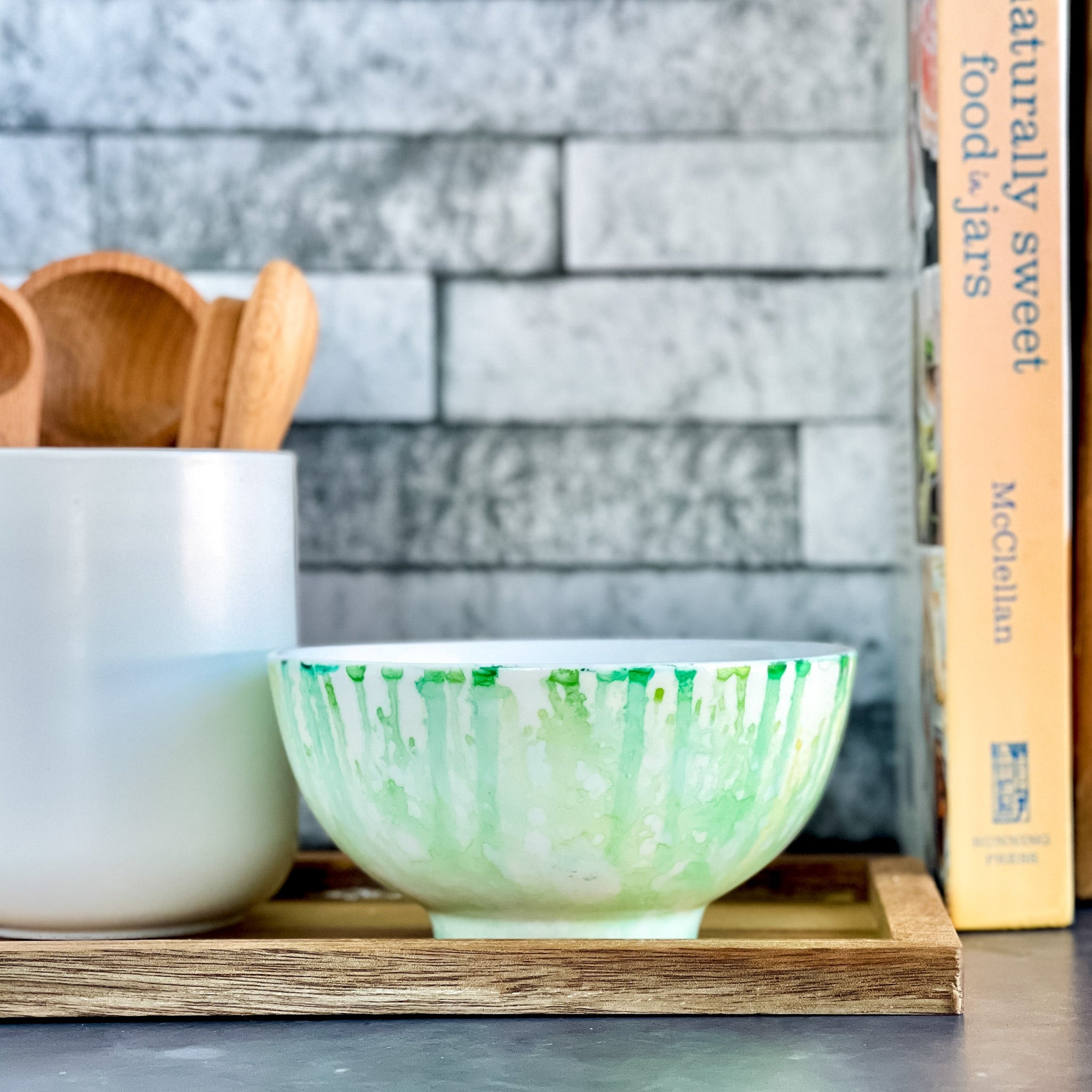 Ceramic candle handpainted in soft teal and white